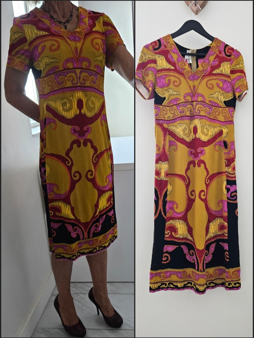 Leonard Paris Vintage 1970's Baroque Print V-Neck Short Sleeve Mid Length Dress